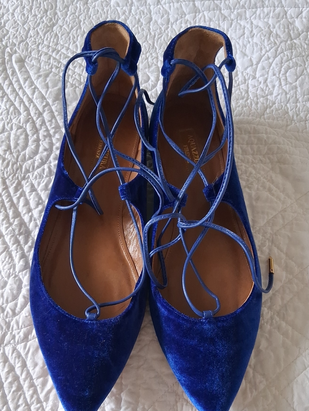 Aquazzura. Firenze Blue Velvet Lace-Up Pointed Flats